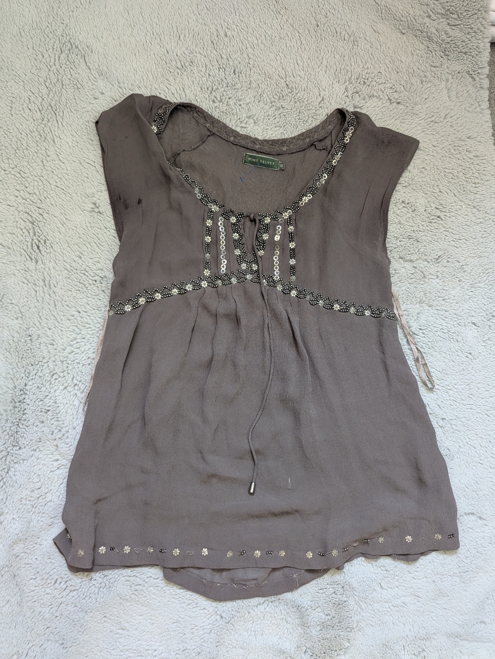 Mint Velvet Grey Sheer Beaded Viscose Boho Whimsigoth Blouse | Size 10